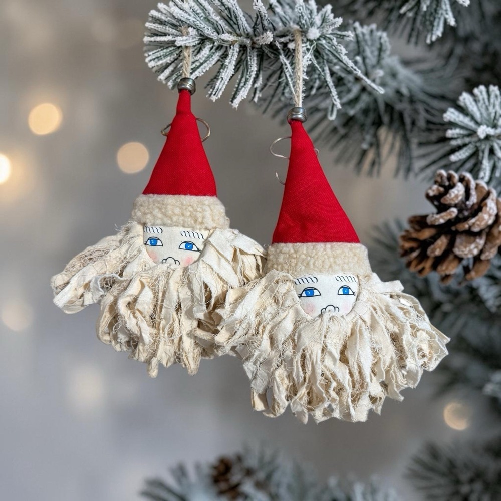 2 Vintage Folk Art Santa Claus Face Cloth Ornament Rag beard, Red Hat and Bell